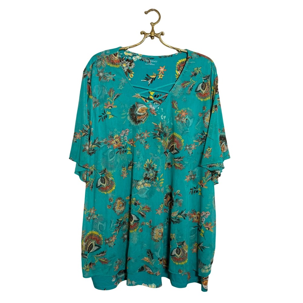 Catherines Teal Floral V-Neck Criss-Cross Tunic Blouse‎ Plus Size 3X 26/28W